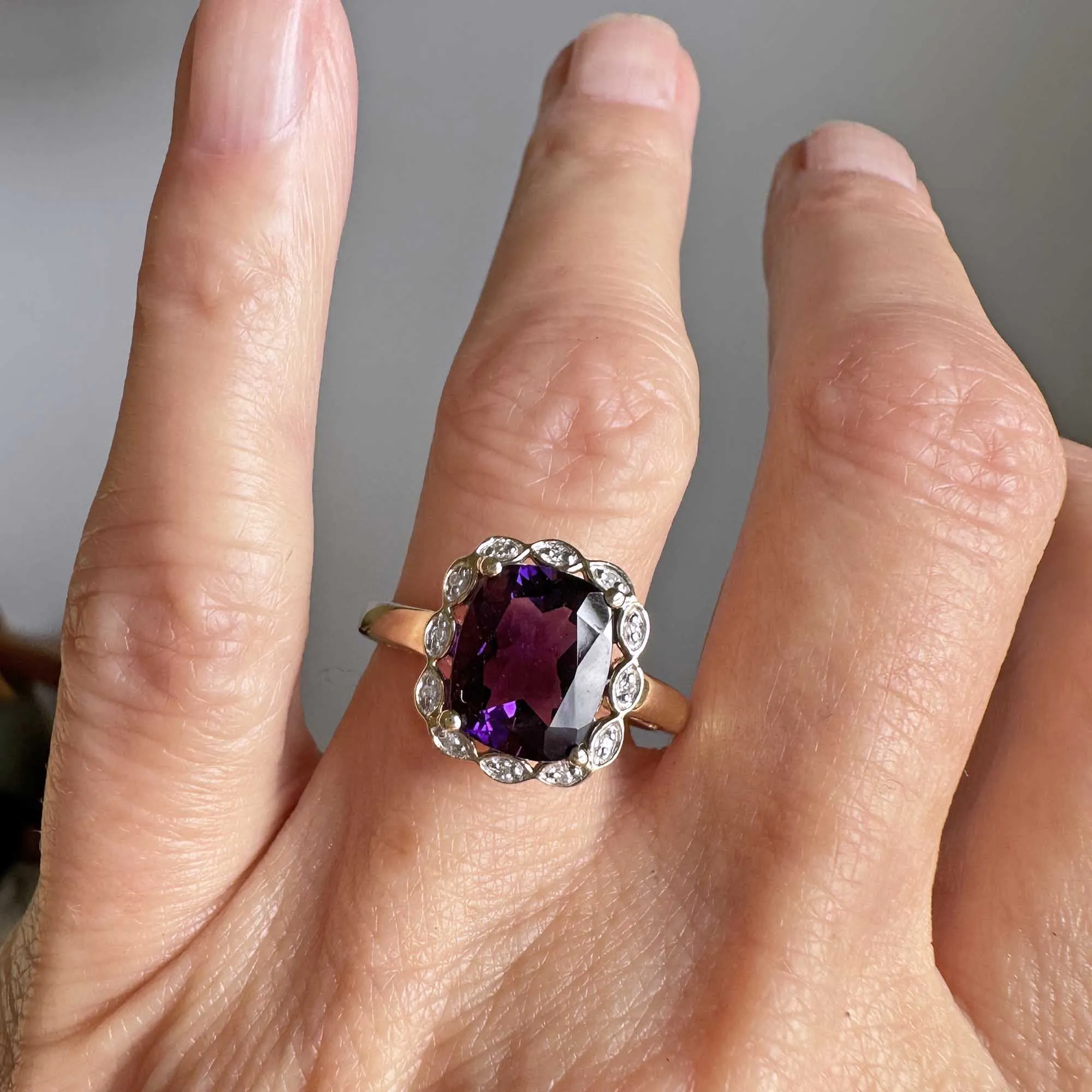 Vintage Diamond Halo Cluster Cushion Cut Amethyst Ring