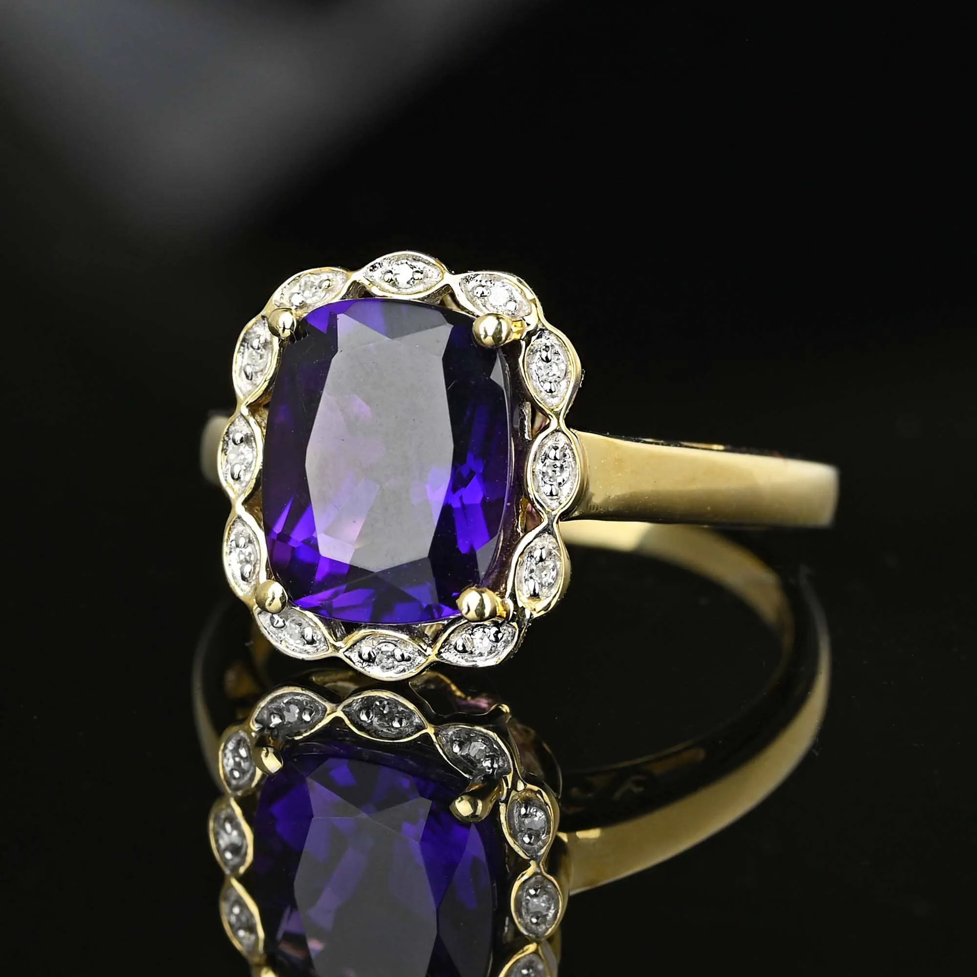 Vintage Diamond Halo Cluster Cushion Cut Amethyst Ring