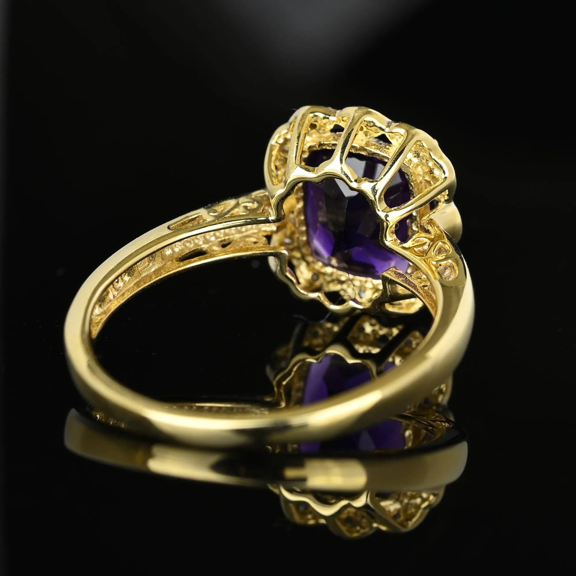 Vintage Diamond Halo Cluster Cushion Cut Amethyst Ring