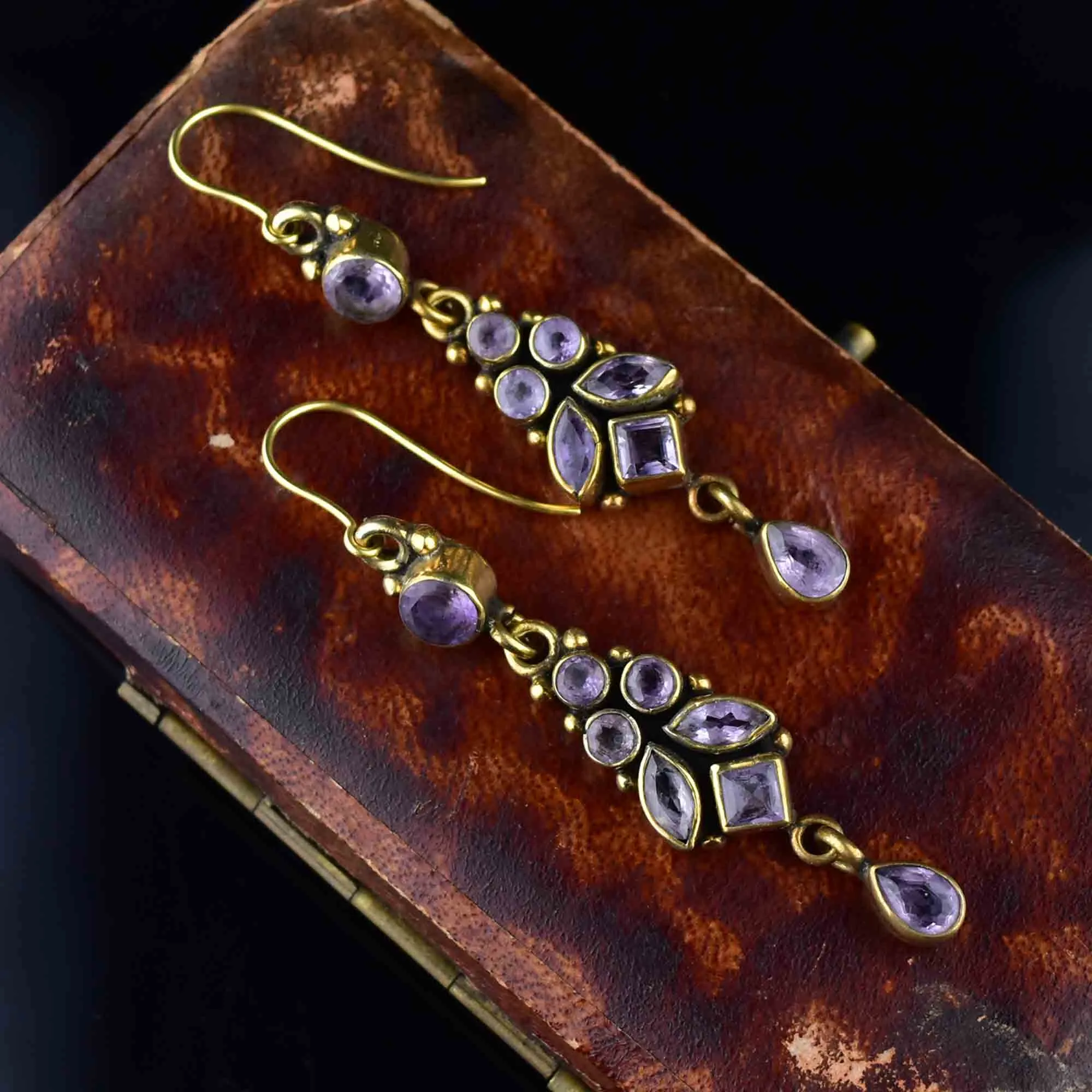 Vintage Gold Amethyst Leaf Earrings