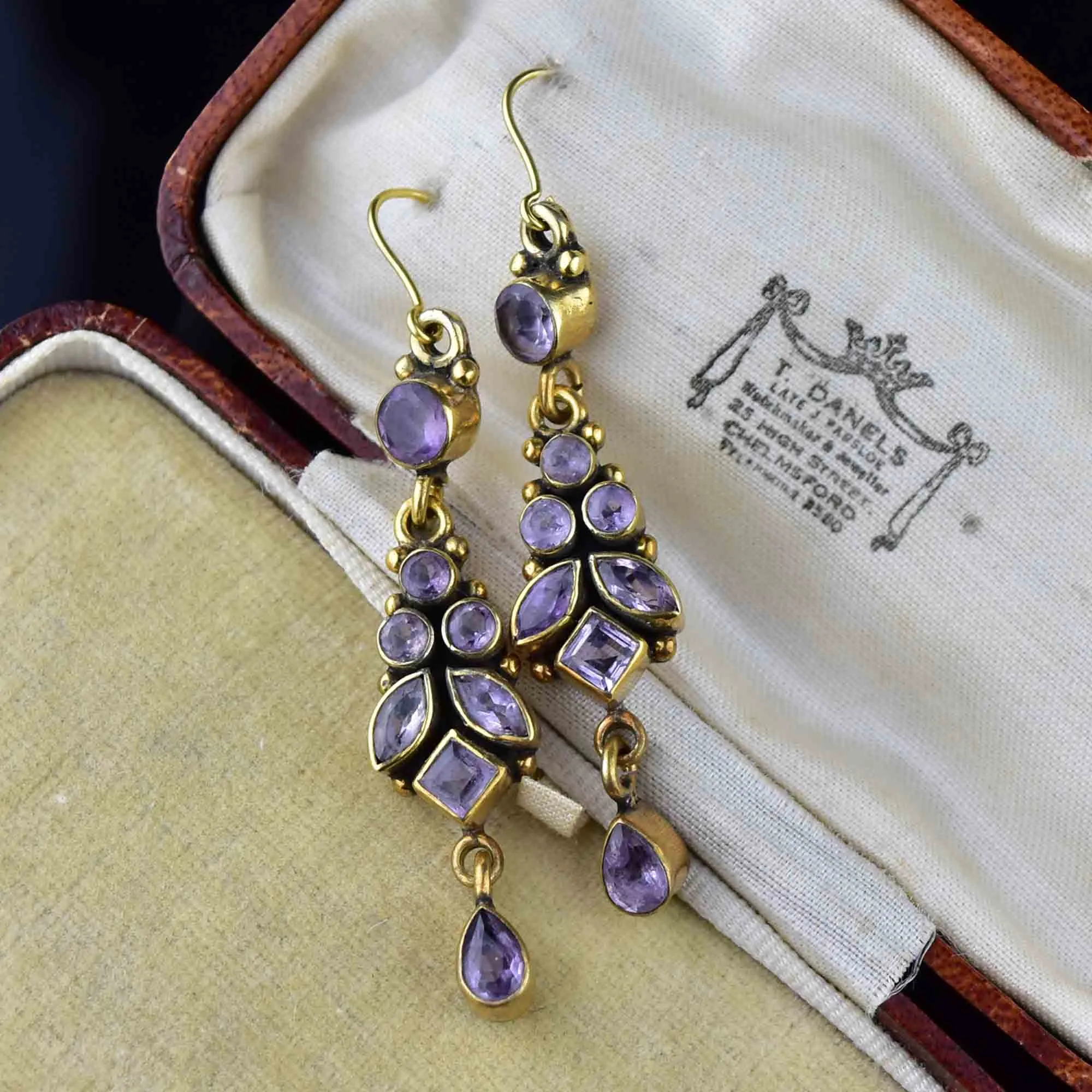 Vintage Gold Amethyst Leaf Earrings