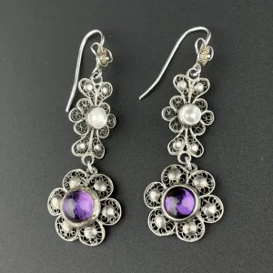 Vintage Pearl Amethyst Art Nouveau Style Drop Earrings