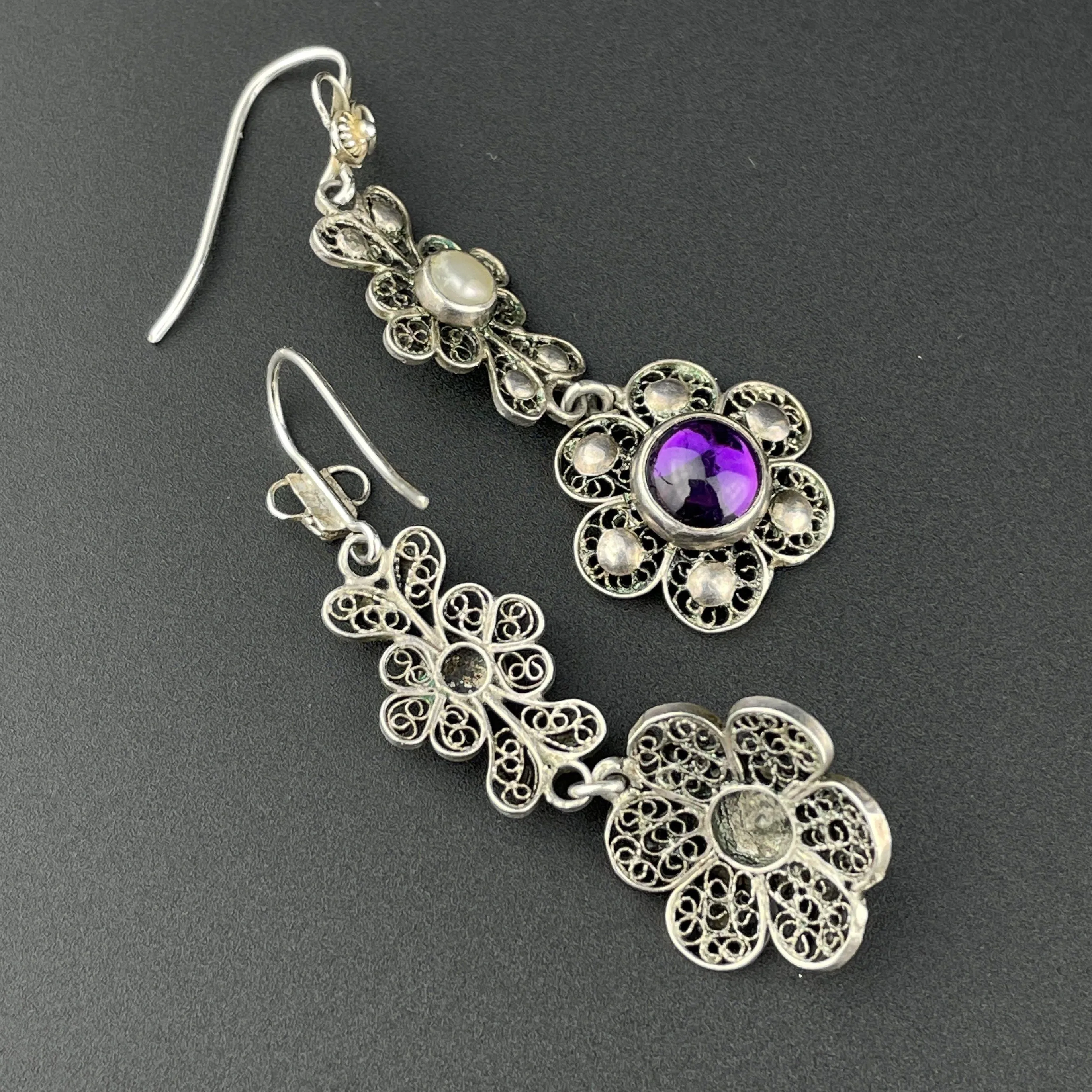 Vintage Pearl Amethyst Art Nouveau Style Drop Earrings