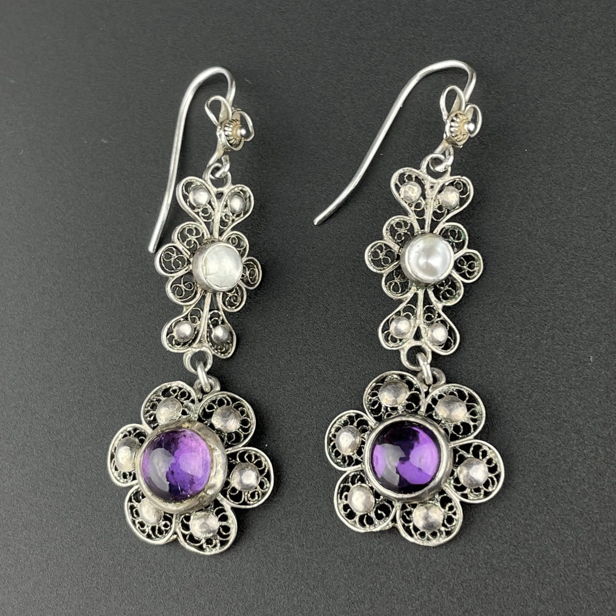 Vintage Pearl Amethyst Art Nouveau Style Drop Earrings