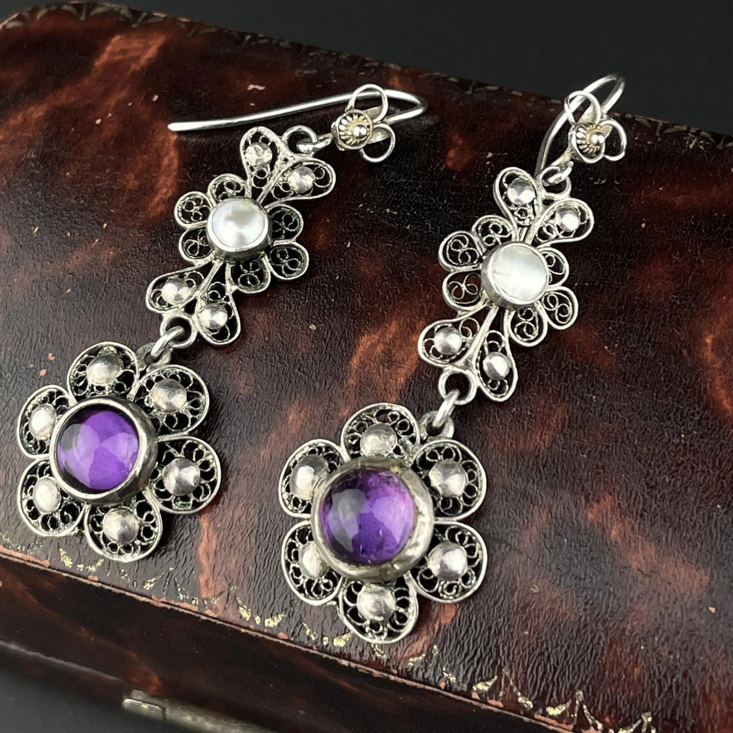 Vintage Pearl Amethyst Art Nouveau Style Drop Earrings