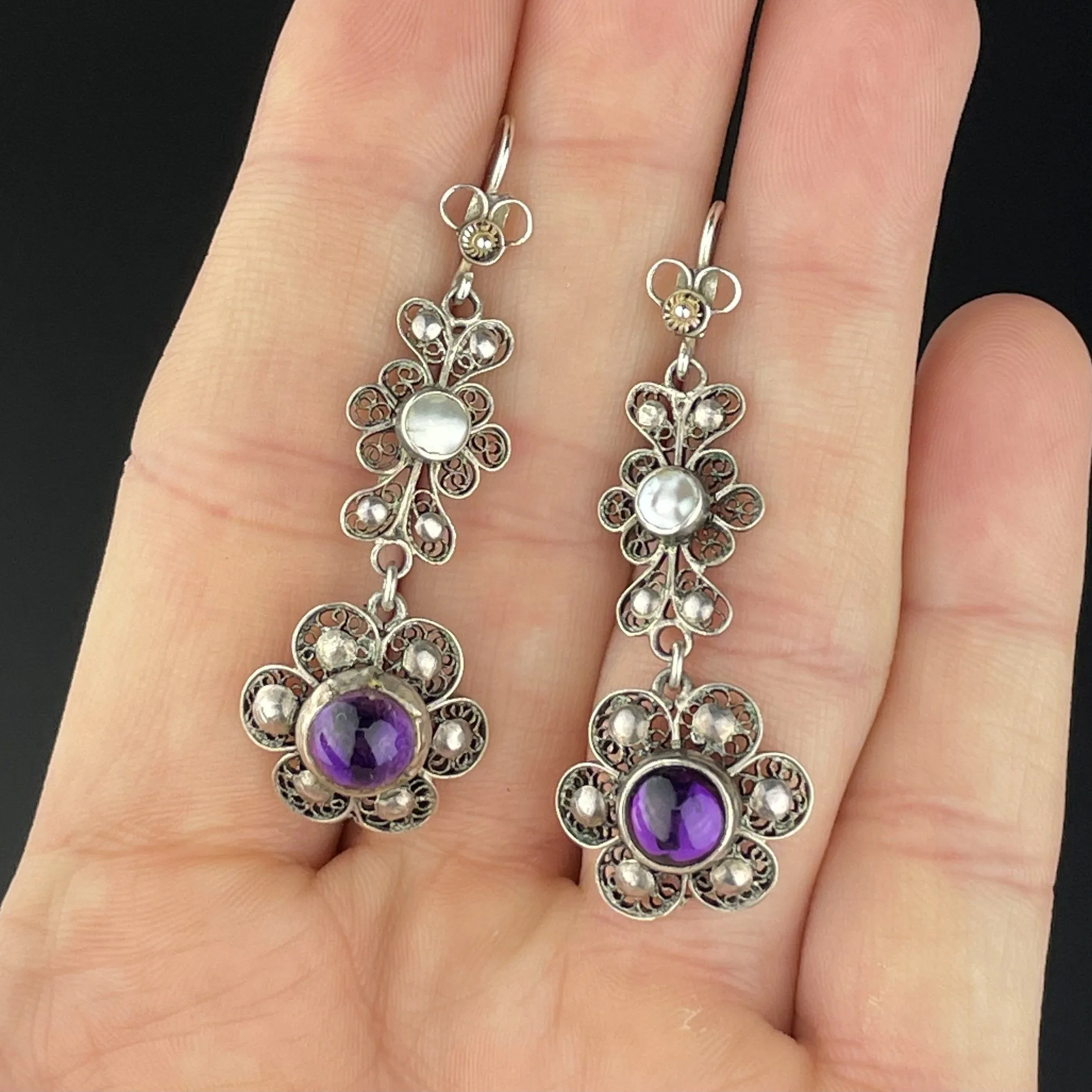 Vintage Pearl Amethyst Art Nouveau Style Drop Earrings