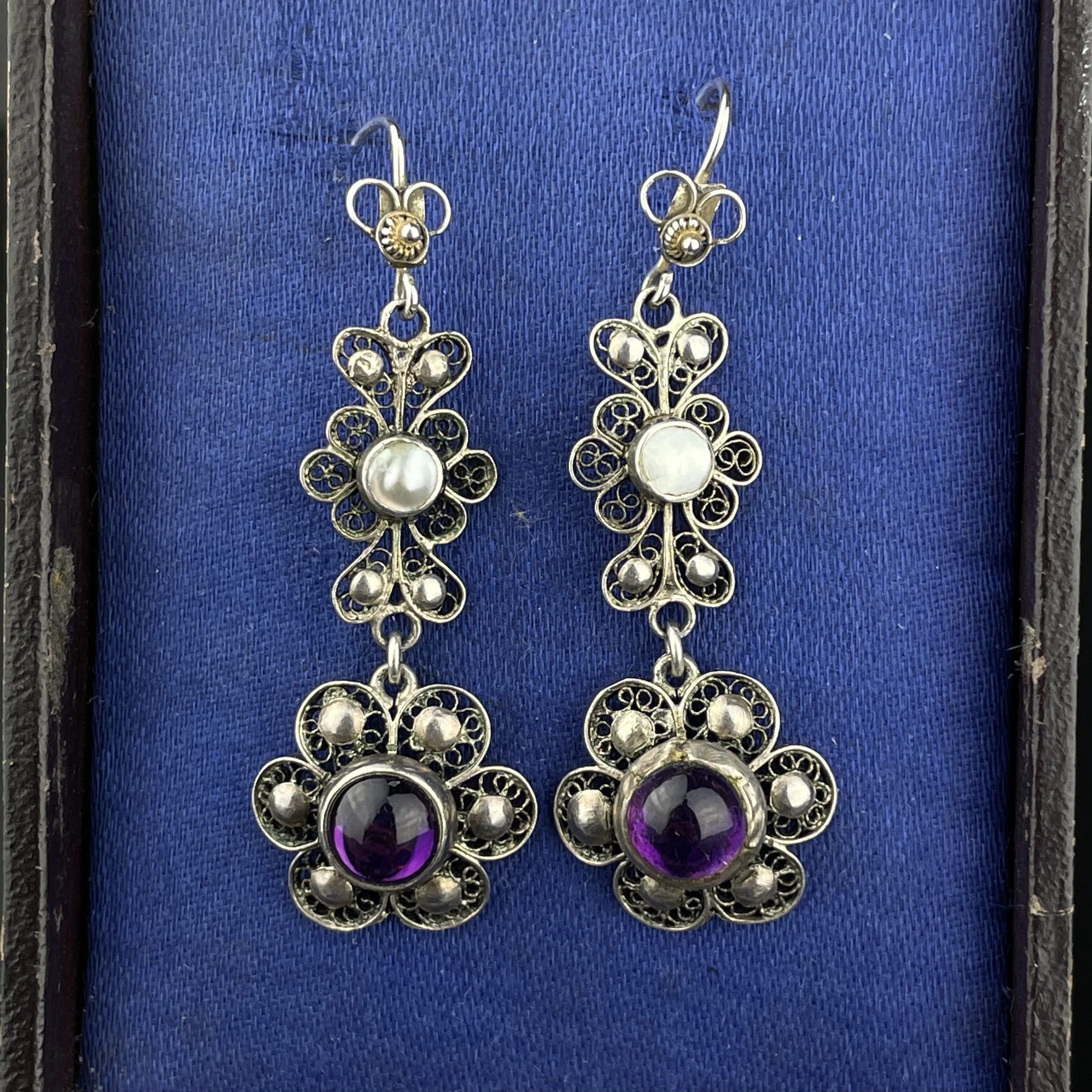 Vintage Pearl Amethyst Art Nouveau Style Drop Earrings