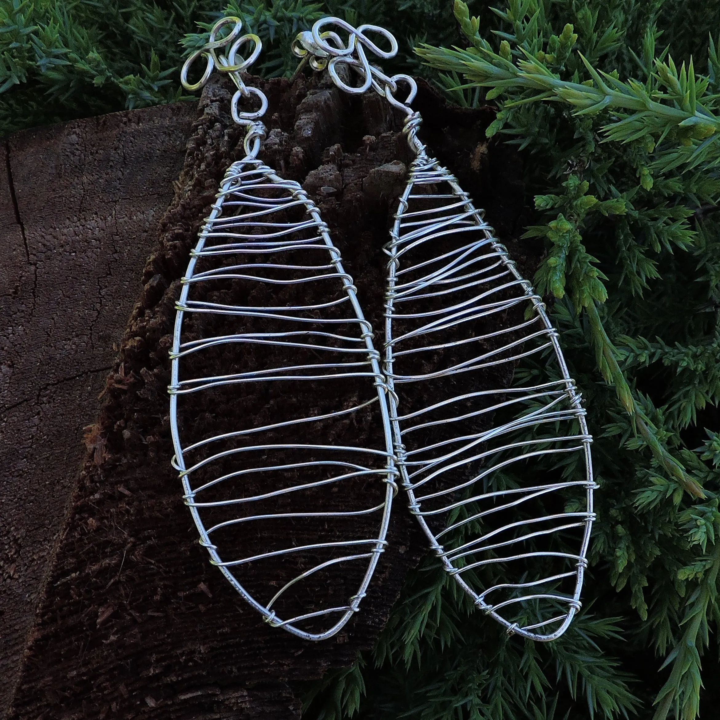 Wire Wrapped Open Weave Silver Dangle  Earrings