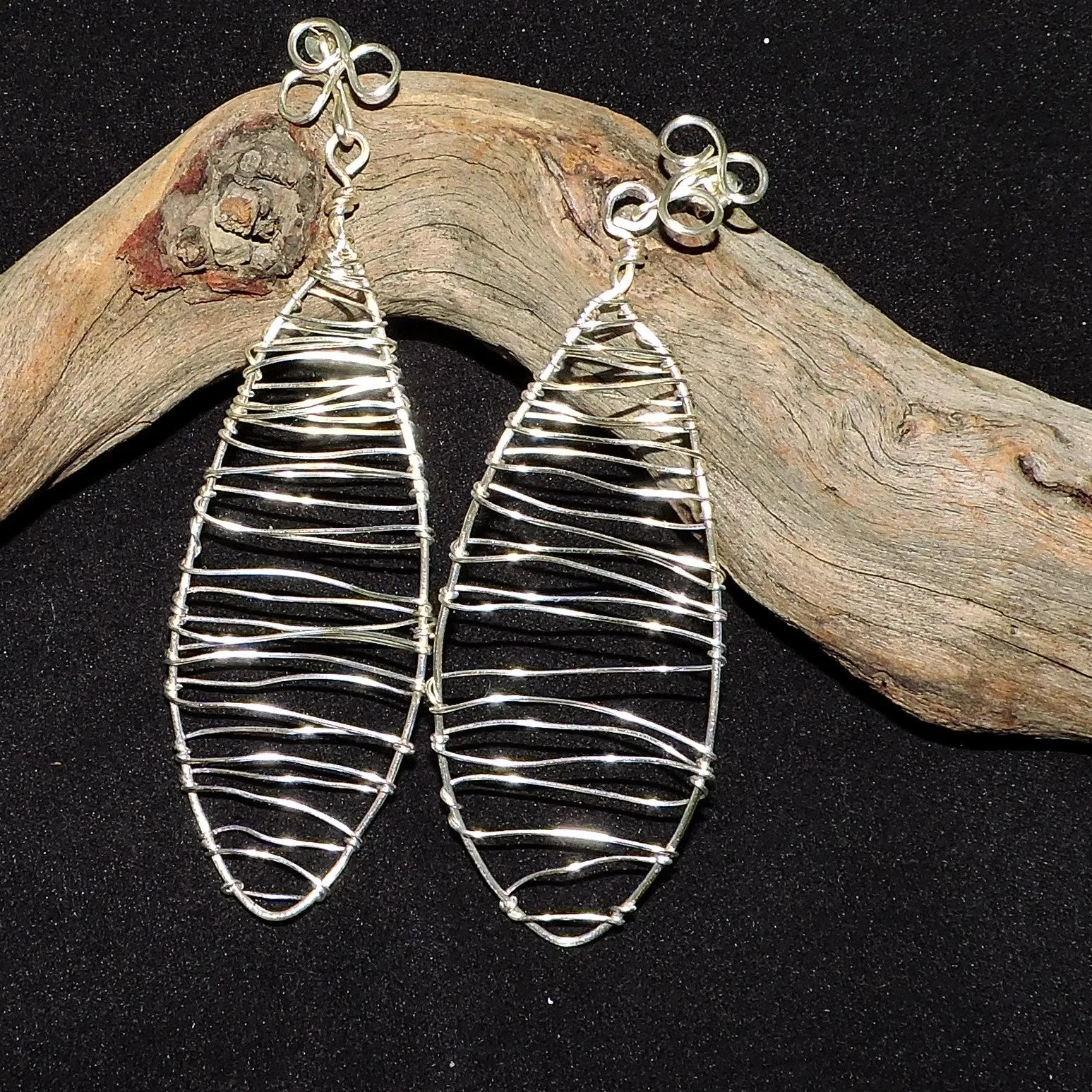 Wire Wrapped Open Weave Silver Dangle  Earrings