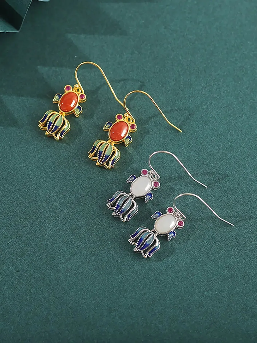 Women Jade Enamel Sliver Fish Earrings