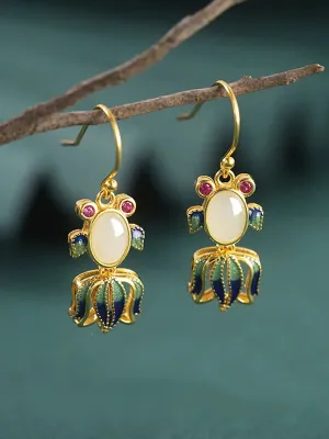 Women Jade Enamel Sliver Fish Earrings