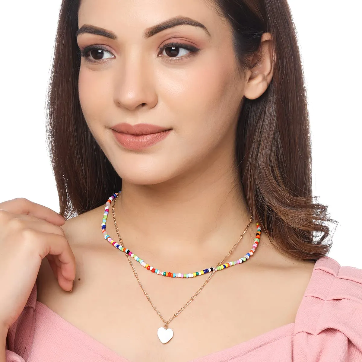 Yellow Chimes Necklace For Women Combo Of 2 Pcs Heart and Colorful Pearl Beaded Charm Necklace Chain For Women and Girls